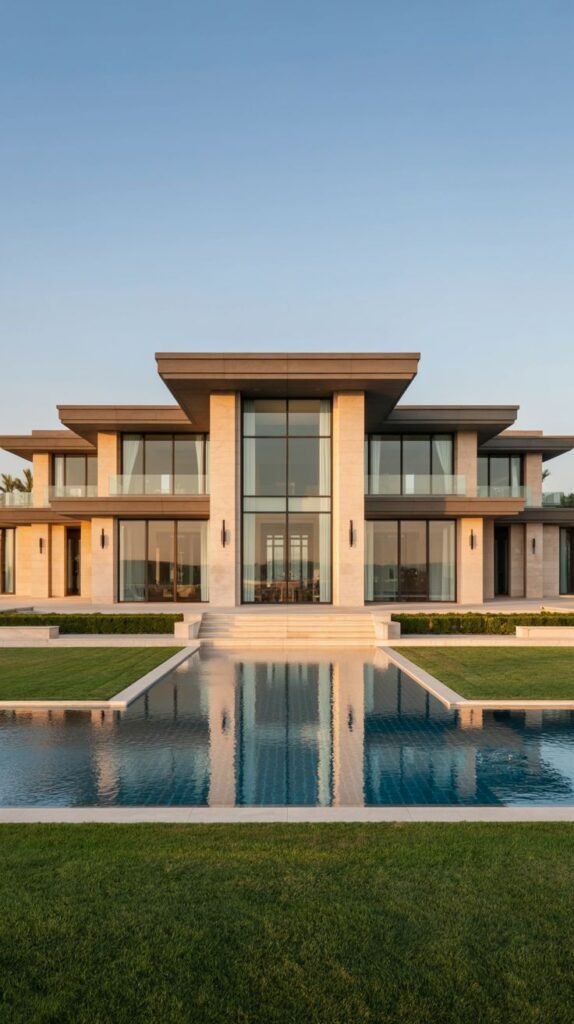 The impressive, symmetrical front view of a dreamy luxury modern house featuring a stone facade, large central glass entrance, multi-story windows, and a reflective pool in the foreground, framed by a green lawn.