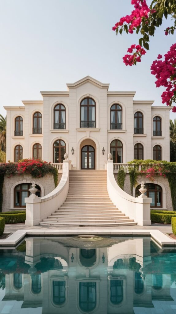 A grand, classical-style dreamy luxury white mansion featuring arched windows and entrance, a large curving double staircase leading to the main level, a reflective pool, and vibrant red bougainvillea climbing the facade.