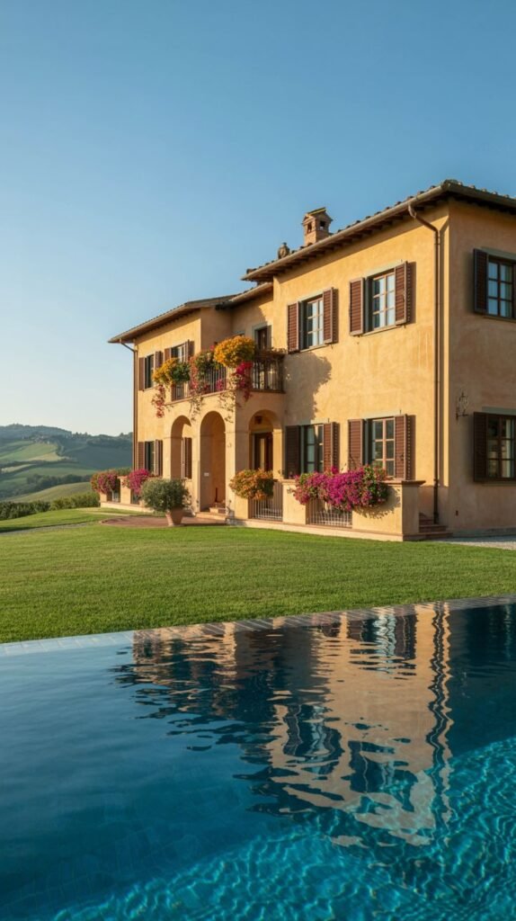 A picturesque, traditional dreamy luxury Italian villa with a warm yellow facade, brown shutters, balconies adorned with flower boxes, and a large infinity pool reflecting the building and the rolling hills behind it.