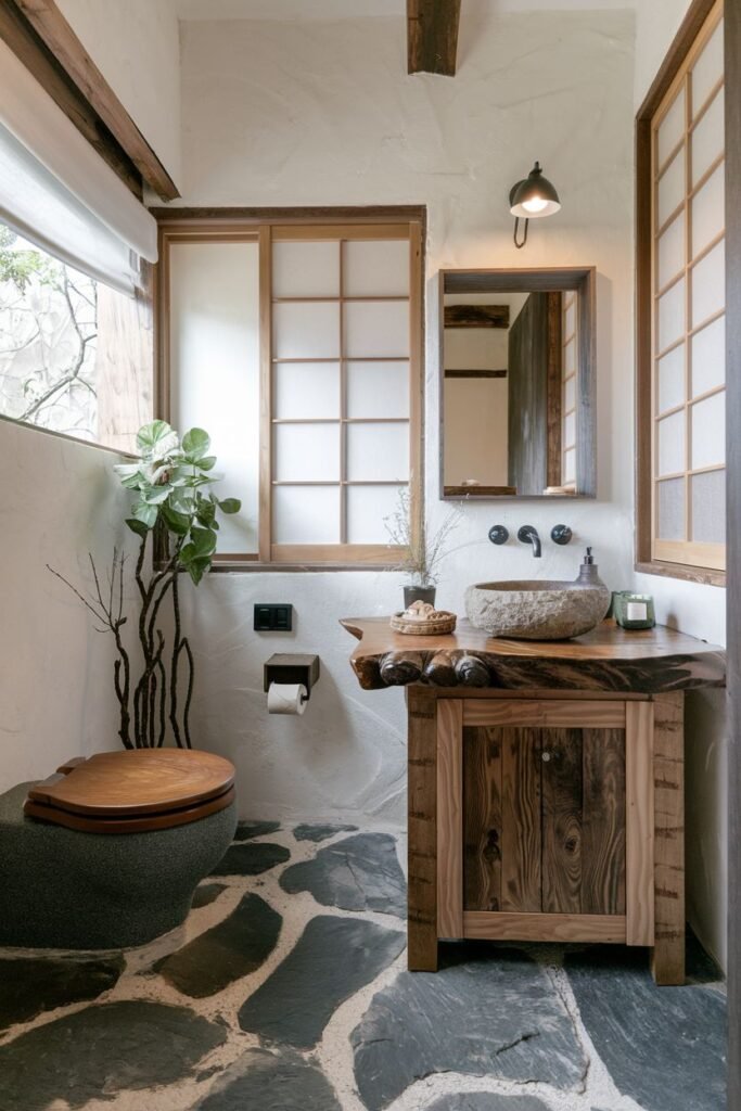 A wabi sabi and earthy bathroom showcasing a unique stone-tiled floor with wide grout lines. It includes a wooden vanity with a stone vessel sink, a toilet with a wooden seat, and sliding shoji-style window screens. A large plant with exposed roots enhances the natural, imperfect aesthetic.