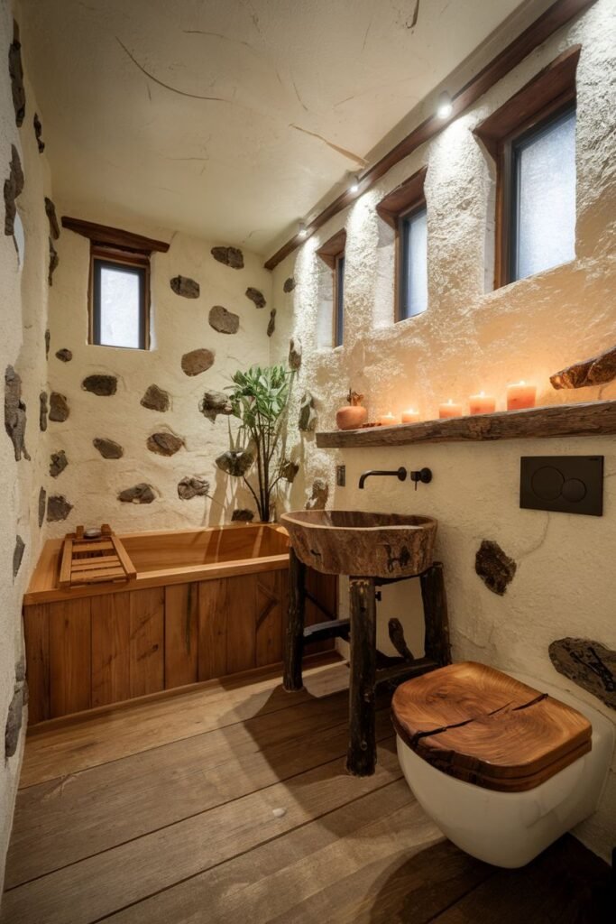 A rustic, wabi sabi and earthy bathroom with walls embedded with large stones and textured plaster. The floor is made of wooden planks. A long, rectangular wooden soaking tub is built against a stone wall. The vanity features a unique wooden vessel sink on a wooden stump base.