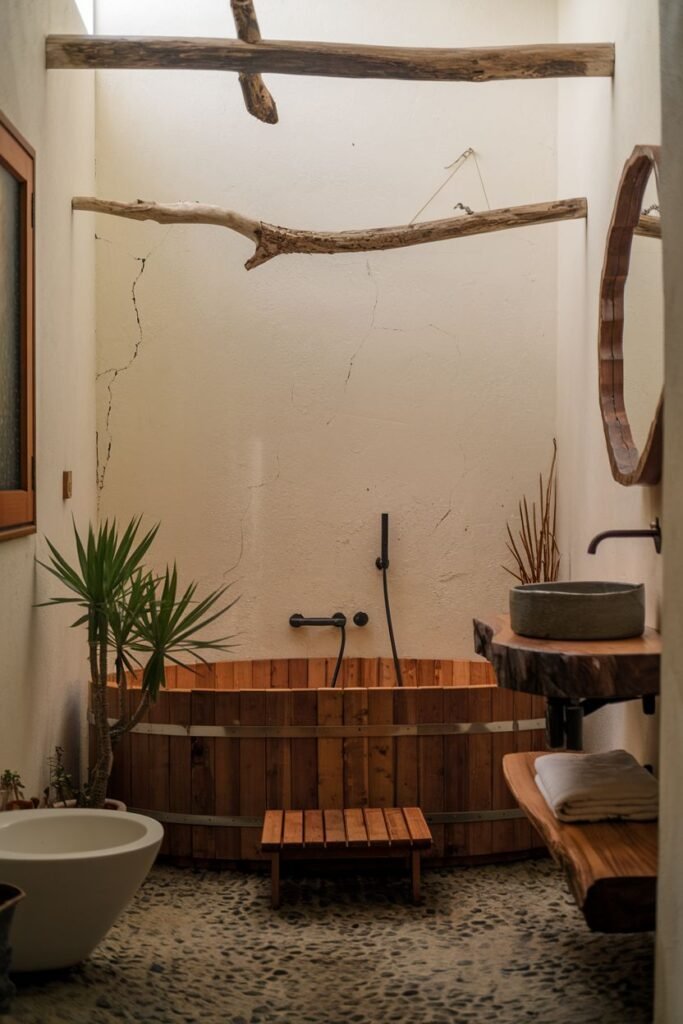 An earthy and wabi sabi bathroom with textured white walls and a floor covered in smooth river pebbles. A rectangular wooden soaking tub is positioned against the wall. The vanity is made of rough-hewn wood with a stone vessel sink. A large piece of driftwood is suspended from the ceiling.