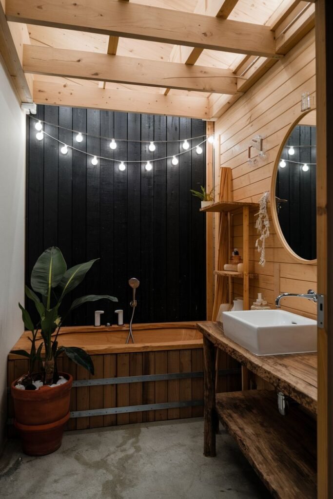 This wabi sabi and earthy bathroom has a tall wooden soaking tub with metal banding. One wall is painted black, creating a contrast with the natural wood. The floor is concrete. String lights are draped across the ceiling, which is constructed with exposed wooden beams.