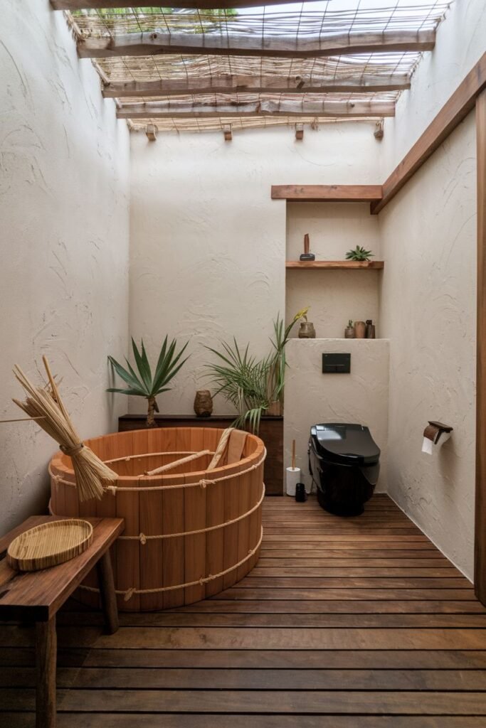 An earthy and wabi sabi bathroom with a floor of wide wooden planks and a ceiling made of bamboo poles. A large, round wooden soaking tub with thick rope banding is the centerpiece. A black modern toilet is installed against a white wall. Wooden shelving is built into the wall.