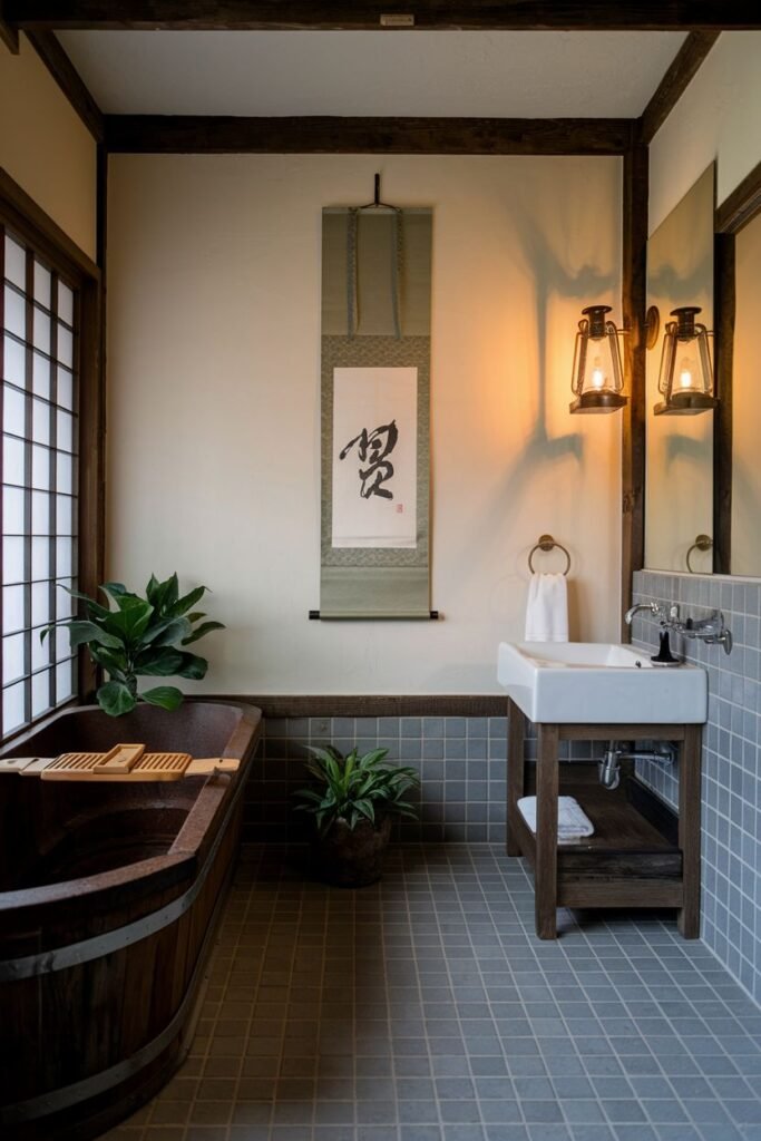 A wabi sabi and earthy bathroom featuring a traditional Japanese-style window with grid panes and a dark wooden soaking tub with slatted wooden covers. The walls are a mix of white plaster and blue-grey tiled sections. A scroll hangs on the wall above the tub.