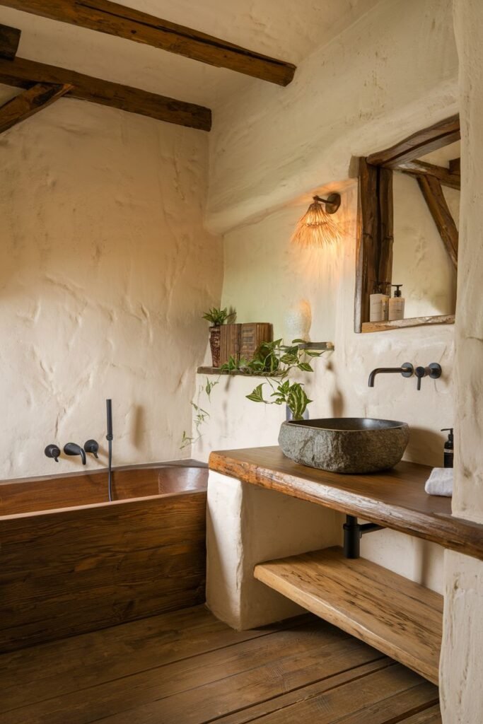 This earthy and wabi sabi bathroom has a textured, rough plaster wall and a wooden plank floor. A wooden soaking tub is built into a corner. The vanity is a simple wooden shelf with a stone vessel sink. Exposed wooden beams support the ceiling.