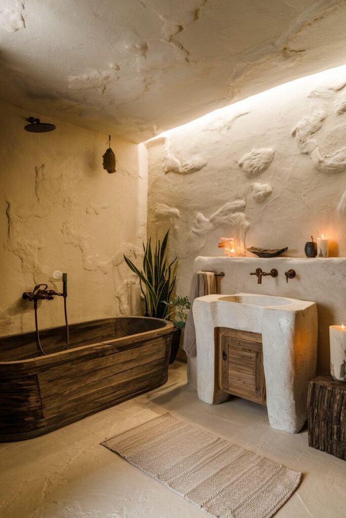 An earthy and wabi sabi bathroom with heavily textured, rough plaster walls resembling stone and a concrete floor. A dark wooden soaking tub is placed against the wall. The vanity is a unique structure made of plaster with a basin carved into it. Warm lighting highlights the textures.