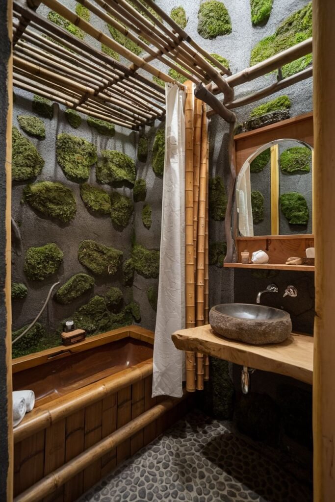 A dramatic wabi sabi and earthy bathroom featuring walls covered in textured plaster embedded with large clumps of green moss. The ceiling is made of bamboo poles. A wooden soaking tub is tucked into a niche with a bamboo shower curtain rod. The floor is covered in dark river pebbles.