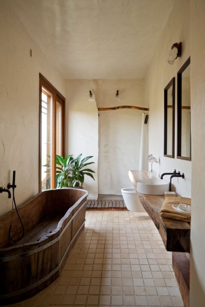 This earthy and wabi sabi bathroom has a long wooden soaking tub with metal banding. The walls are textured white plaster, and the floor is covered in small, square tiles. A rustic wooden shower mat is placed next to the tub. The vanity is a thick, live-edge wooden slab.