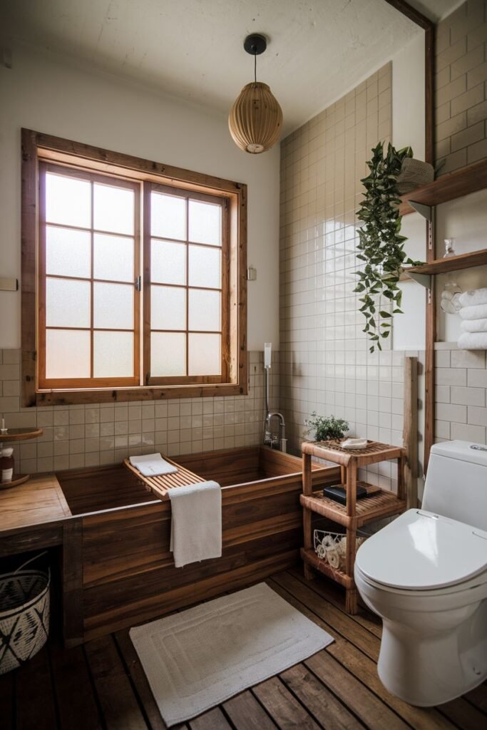 A cozy, wabi sabi and earthy bathroom with light-colored subway tiles on the upper walls and dark wooden planks on the floor. A rectangular wooden soaking tub is positioned under a large window. A wooden ladder-shelf and a small wooden stand provide storage.