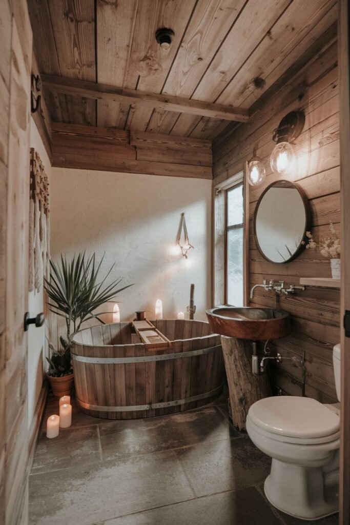 An earthy and wabi sabi bathroom paneled with distressed wood on the walls and ceiling. A deep, round wooden soaking tub with metal bands sits on a concrete floor. The space is illuminated by warm, soft lighting and candles, highlighting the natural textures and creating a cozy atmosphere.