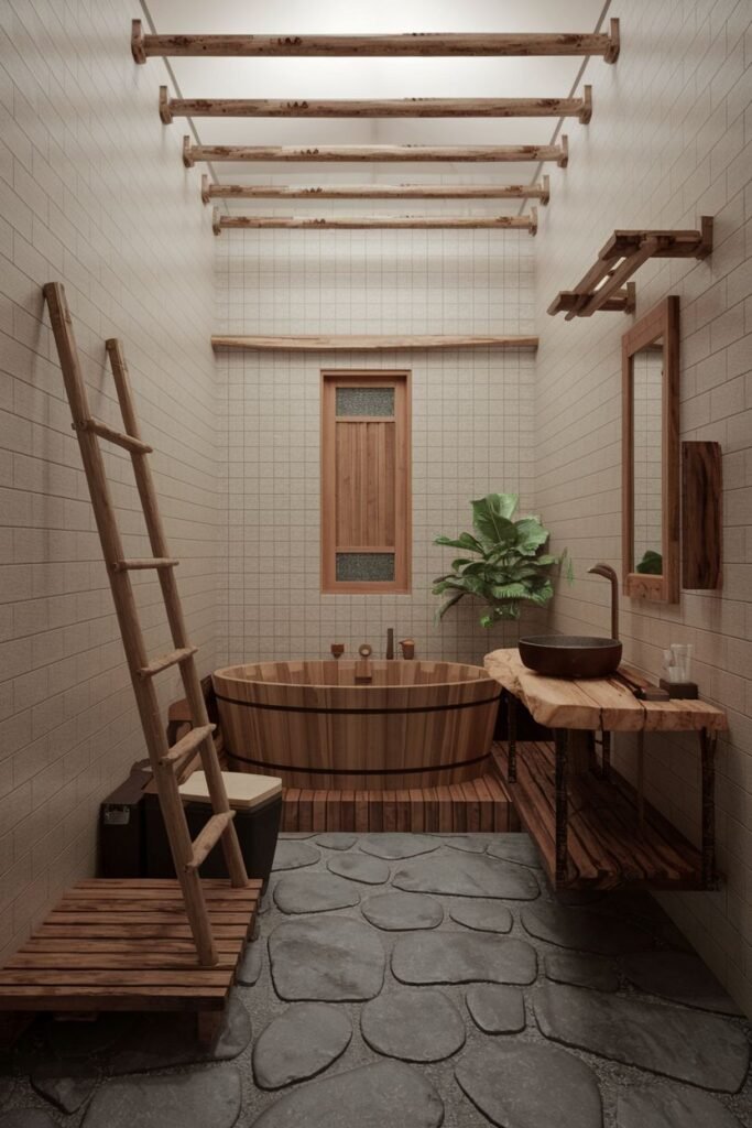 This earthy and wabi sabi bathroom features a floor made of large, irregularly shaped stone slabs. A circular wooden soaking tub with metal bands is in the center. The walls are covered in small, square tiles, and rustic wooden beams are suspended from the ceiling. A ladder leans against the wall.