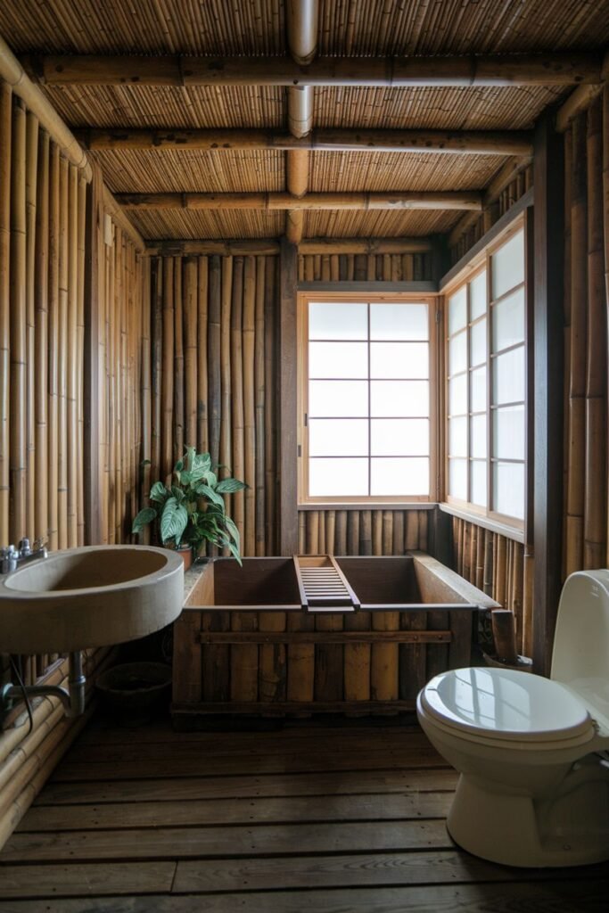 A bathroom entirely clad in bamboo, giving it a strong earthy and wabi sabi aesthetic. The walls and ceiling are covered in bamboo poles. A rectangular wooden soaking tub is built into a platform. The floor is made of wooden planks.