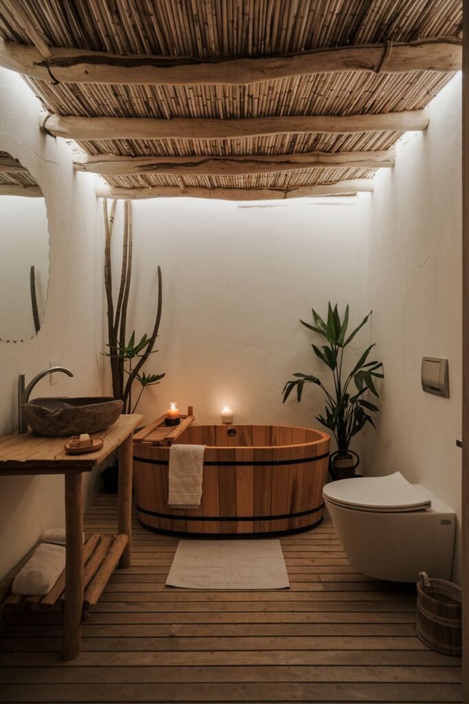 An earthy and wabi sabi bathroom with white textured walls and an open-slatted ceiling made of rustic wood and bamboo. A round wooden soaking tub is surrounded by wooden decking. The floor is made of wooden planks. Candles add warmth and ambiance.
