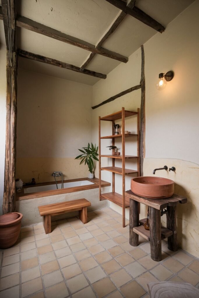 This wabi sabi and earthy bathroom features a rectangular tub set against a textured yellow wall. The floor is covered in large, square tiles. Exposed wooden beams support the ceiling. A tall wooden shelf and a rustic wooden stool are placed near the tub.