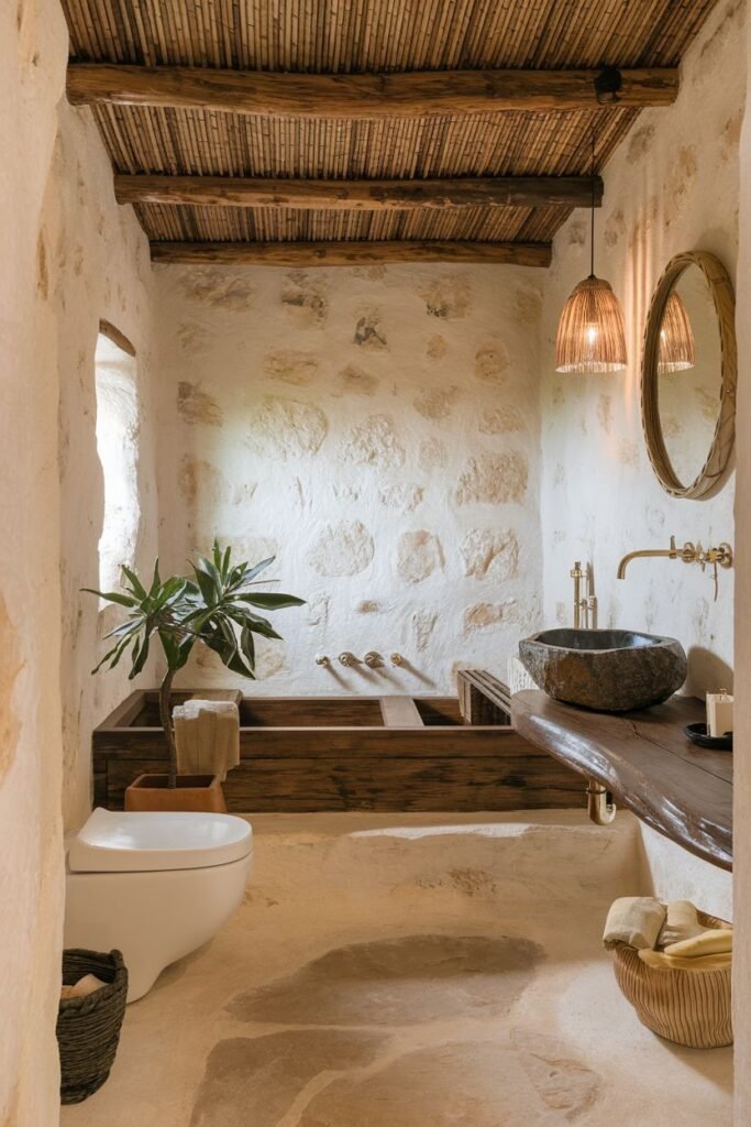 An earthy and wabi sabi bathroom with walls constructed of rough-hewn stone and a textured floor. The ceiling is made of rustic wooden beams and bamboo. A wooden soaking tub is built into a corner niche. The vanity is a rustic wooden structure with a dark stone vessel sink.