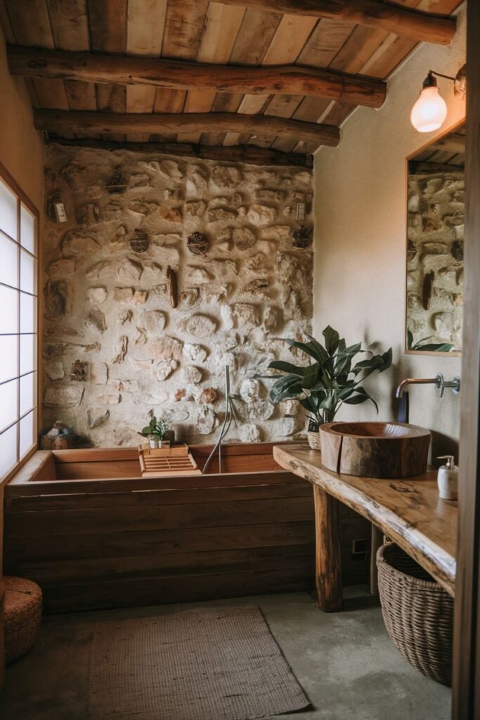 This wabi sabi and earthy bathroom has a wall made of large, rough stones and wooden planks on the floor. A rectangular wooden soaking tub is placed under a window with grid panes. The vanity is a live-edge wooden slab supported by a rustic base, featuring a wooden vessel sink.