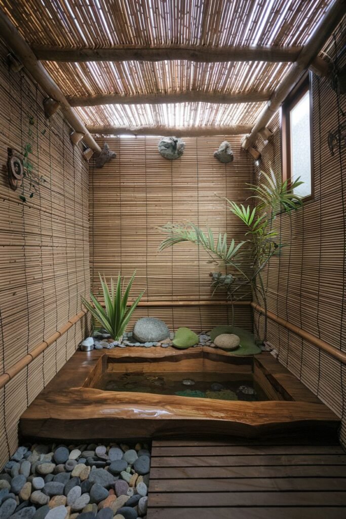 An earthy and wabi sabi bathroom featuring a large, rustic wooden soaking tub surrounded by river stones and a slatted wooden deck. The walls are covered in woven bamboo mats, and the ceiling is made of exposed bamboo poles, creating a natural, organic feel. Green plants add a touch of life to the space.