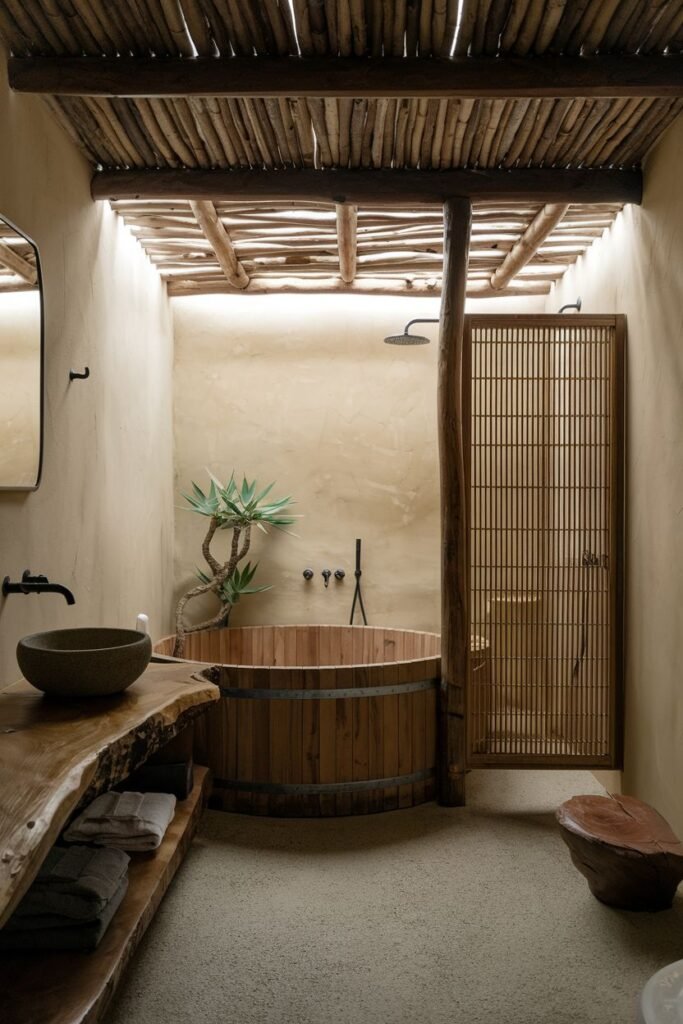 This wabi sabi and earthy outdoor or semi-outdoor bathroom features a circular wooden soaking tub under an open-slatted roof supported by rustic wooden beams and a central post. The walls are textured plaster, and the floor is a light-colored aggregate. A shower head is mounted on the wall next to the tub.