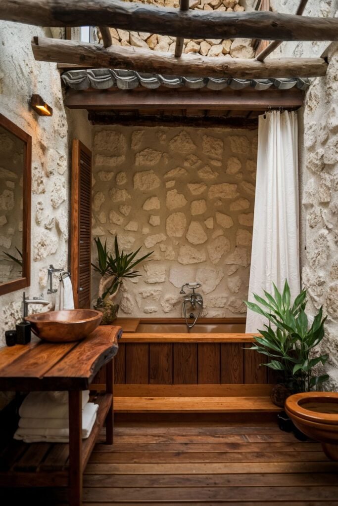 An earthy and wabi sabi bathroom with a wall constructed of large, rough-hewn stones. A wooden platform leads up to a built-in tub with wooden sides. The floor is made of wide wooden planks. A wooden vanity with a copper vessel sink sits to the left. Exposed wooden beams support the ceiling.