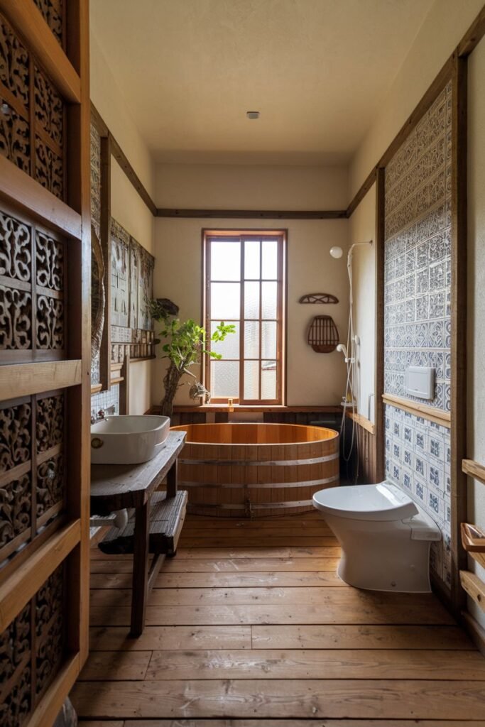 A narrow, wabi sabi and earthy bathroom with intricate wooden screens and tiles featuring decorative patterns on the walls. A small, round wooden soaking tub is positioned near a window with grid panes. The floor is made of wooden planks. A modern toilet and white vessel sink complete the space.
