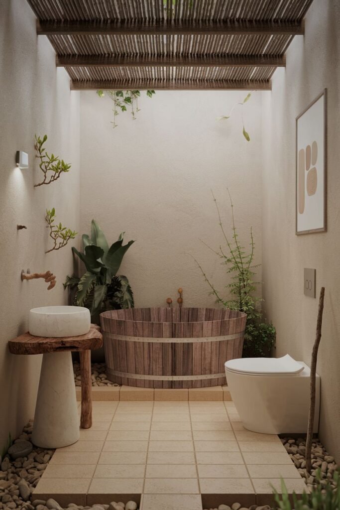 This earthy and wabi sabi bathroom features a textured plaster wall and an open-slatted ceiling supported by rustic beams. A deep wooden soaking tub is surrounded by large river stones and plants. The floor is paved with large, square tiles bordered by pebbles. A modern toilet and stone vessel sink on a wooden stand are also present.