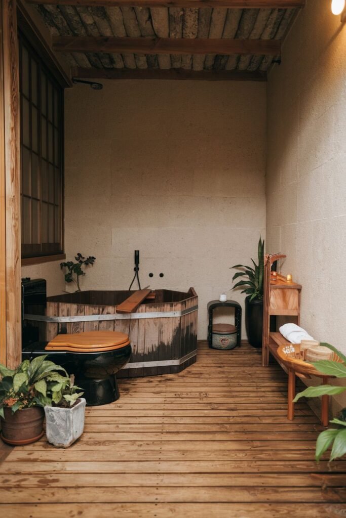 An earthy and wabi sabi bathroom with a wooden deck floor and a large, angular wooden soaking tub with dark staining. The walls are textured plaster, and the ceiling has exposed wooden beams and bamboo. A wooden bench and various potted plants add to the natural feel.