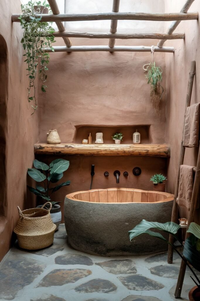A unique wabi sabi and earthy bathroom with textured, reddish-brown walls and a floor made of large, irregular stone slabs with wide grout lines. The focal point is a deep soaking tub with a stone exterior base and a wooden interior. A large wooden shelf is built into the wall.