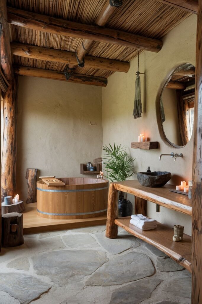 This earthy and wabi sabi bathroom features a floor of large, irregularly shaped stone slabs. A round wooden soaking tub sits on a raised wooden platform. The vanity is made of rough-hewn wood with a stone vessel sink. Exposed wooden beams and bamboo create a rustic ceiling.