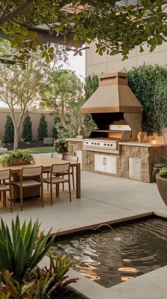 An outdoor kitchen with a large grill and range hood built into a stone structure, adjacent to a dining table and chairs and a small water feature.