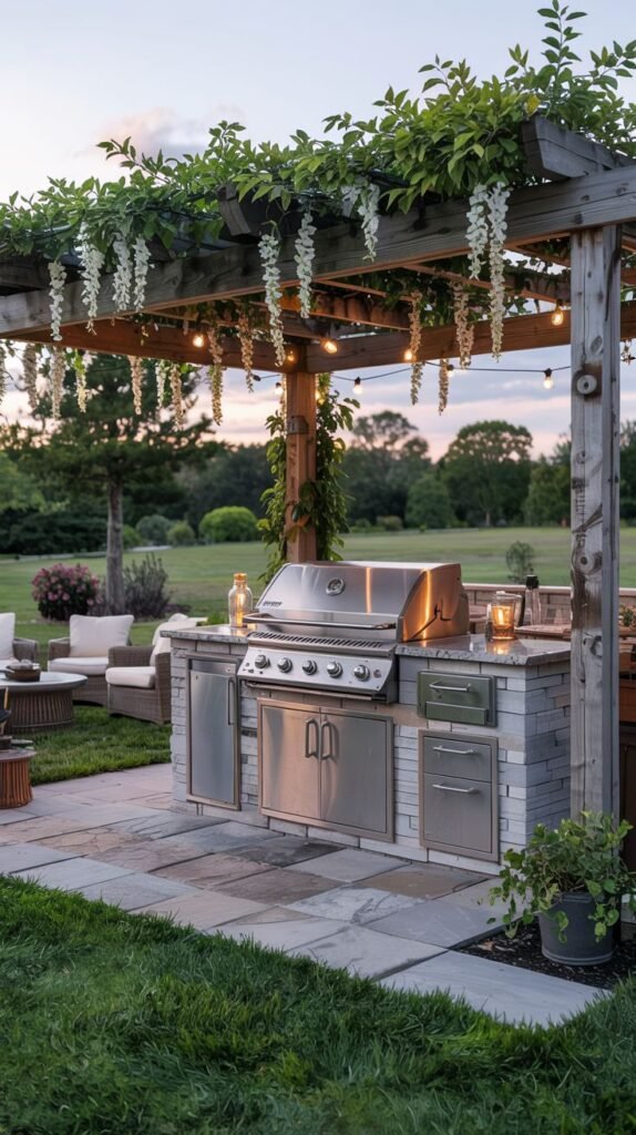An outdoor kitchen under a wooden pergola draped with flowering vines, featuring a stainless steel grill and cabinets built into a stone structure.