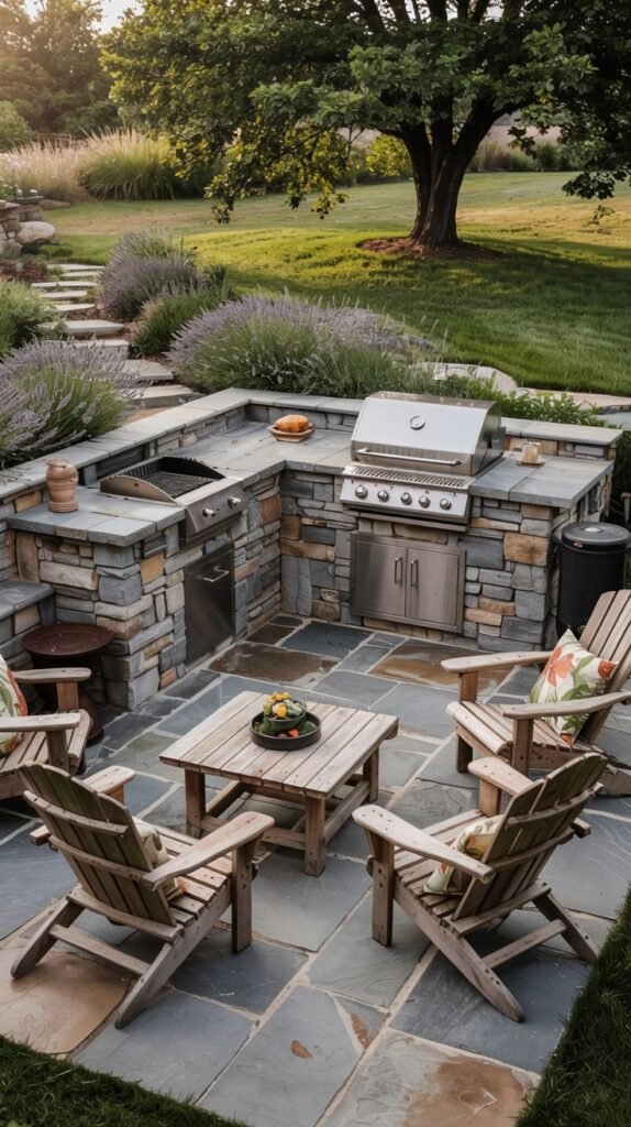 An outdoor kitchen built into a stone structure on a patio, featuring a grill and other cooking appliances, with a seating area including Adirondack chairs.