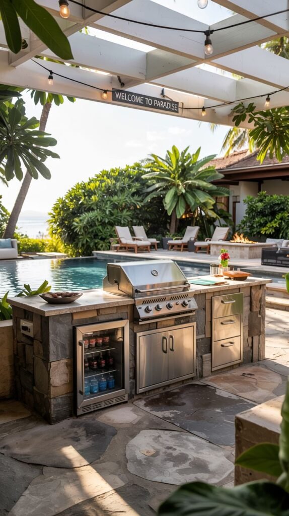 An outdoor kitchen with a stainless steel grill, cabinets, and refrigerator, built into a stone structure near a swimming pool, with a sign reading "WELCOME TO PARADISE".