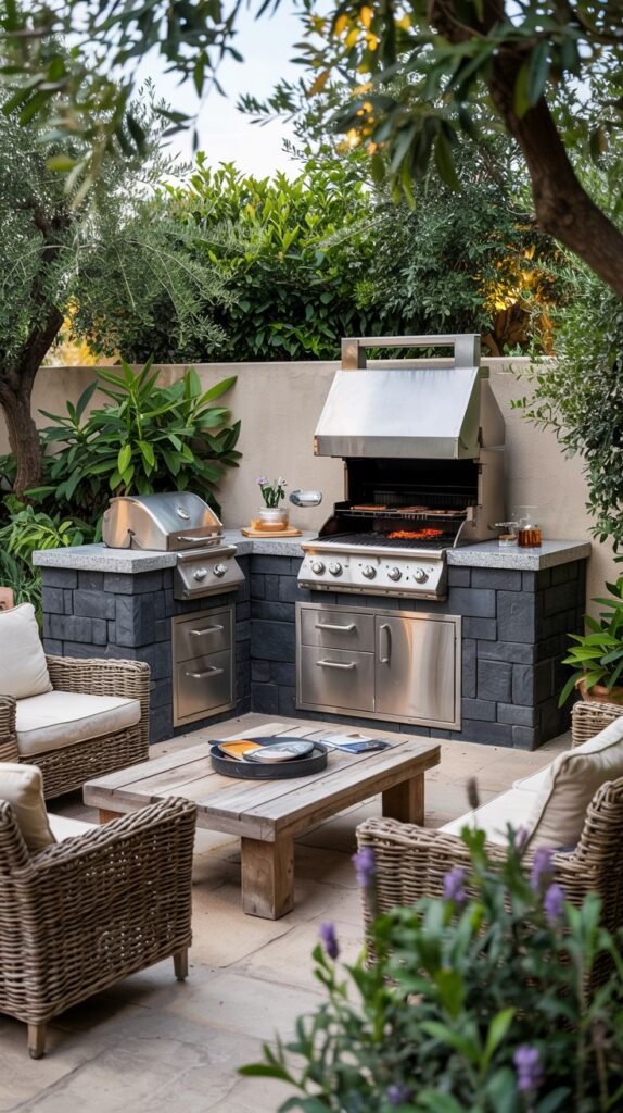 An outdoor kitchen setup among trees and plants, featuring two grills built into stone structures with stainless steel and stone elements, near a seating area.