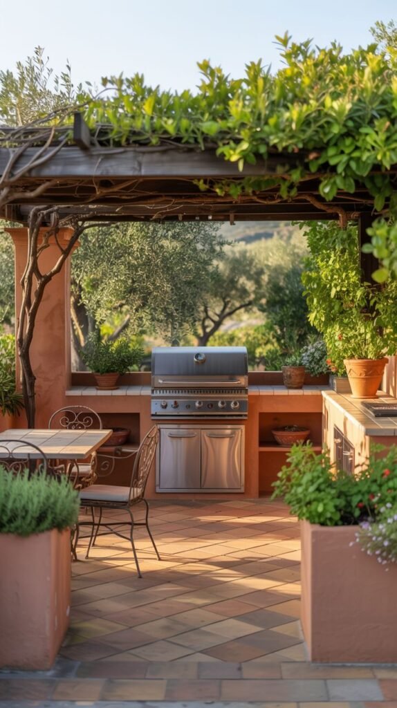 An outdoor kitchen under a vine-covered pergola, featuring a stainless steel grill and cabinets in a stone/stucco structure, on a terracotta tile patio.