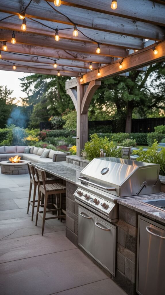 An outdoor kitchen built into a stone structure with a countertop, sink, grill, and cabinets, with bar stools and a fire pit and seating area in the background under a pergola.