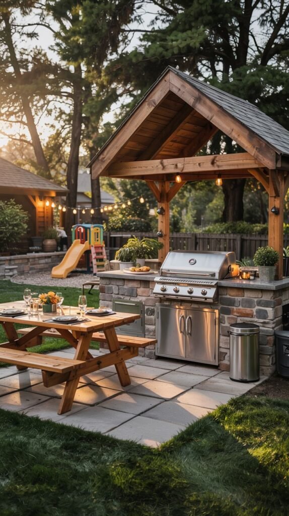 An outdoor kitchen structure with a wooden roof and stone base, featuring a stainless steel grill and cabinets, situated near a wooden picnic table and benches.
