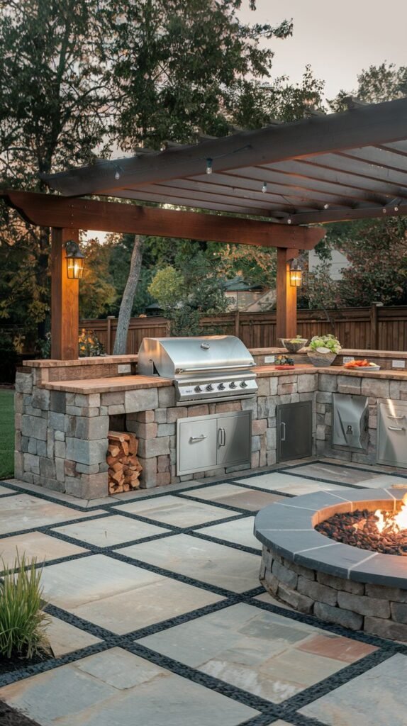 A large outdoor kitchen built into a stone structure with a grill, cabinets, sink, and firewood storage, located on a patio near a circular fire pit.