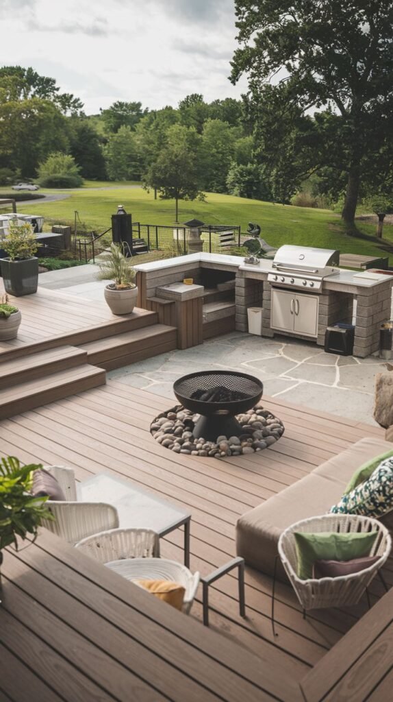 An outdoor living space with a deck and patio area, featuring an outdoor kitchen built into a stone structure with a grill and cabinets on the patio, and a fire pit on the deck.