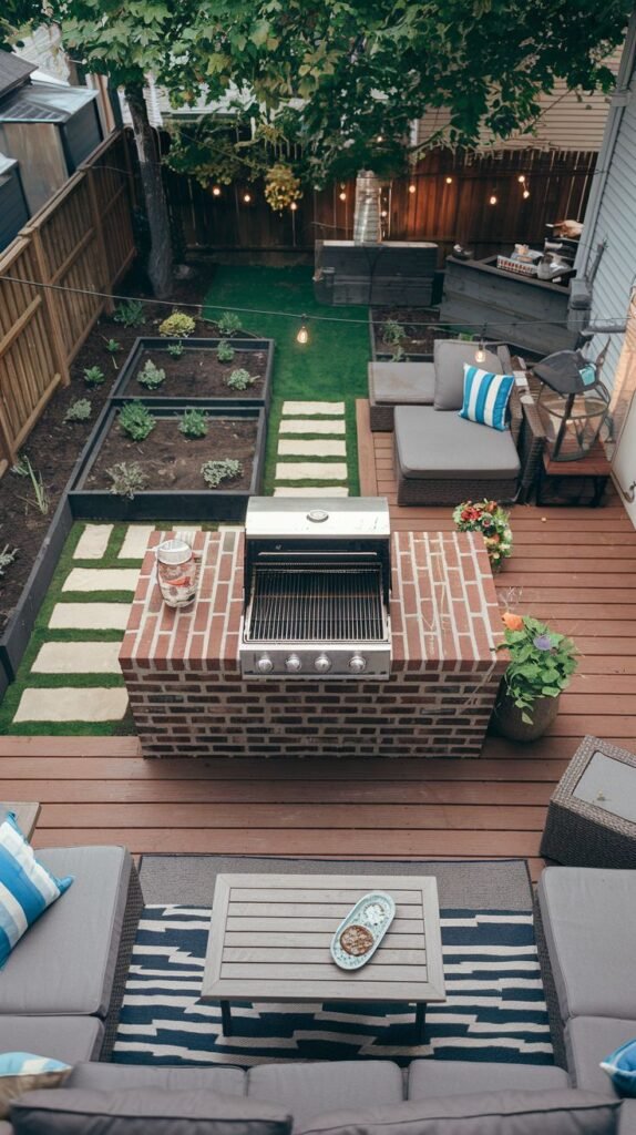 An aerial view of a backyard with a wooden deck featuring a brick-built outdoor kitchen with a grill, raised garden beds, and a seating area.