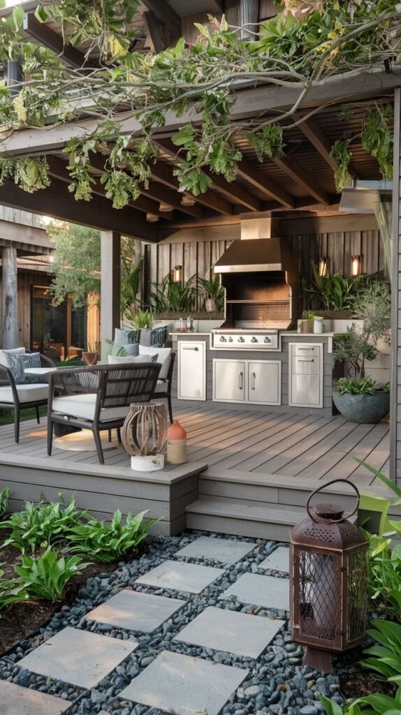 An outdoor kitchen featuring a stainless steel grill and cabinets, built on a deck under a pergola covered in vines, with a paved path and seating area nearby.