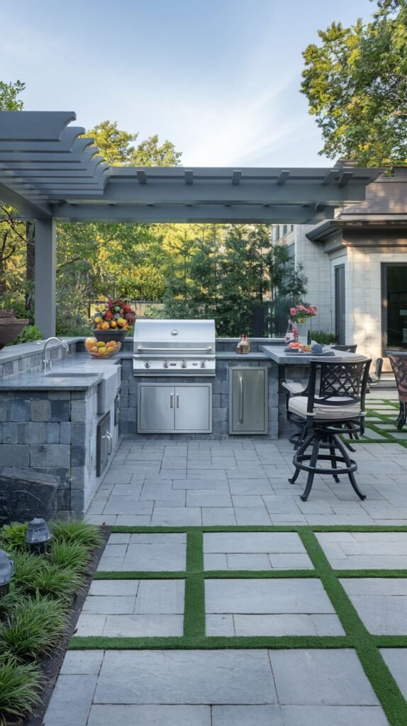 An outdoor kitchen built into a stone structure with a countertop, sink, grill, and cabinets, located on a patio with square pavers and grass strips under a pergola.