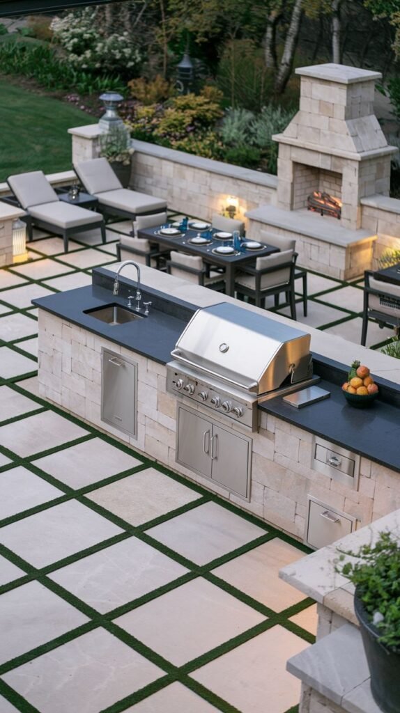 An elevated view of a patio with an outdoor kitchen built into a stone structure featuring a grill, sink, and cabinets, with a large fireplace in the background.