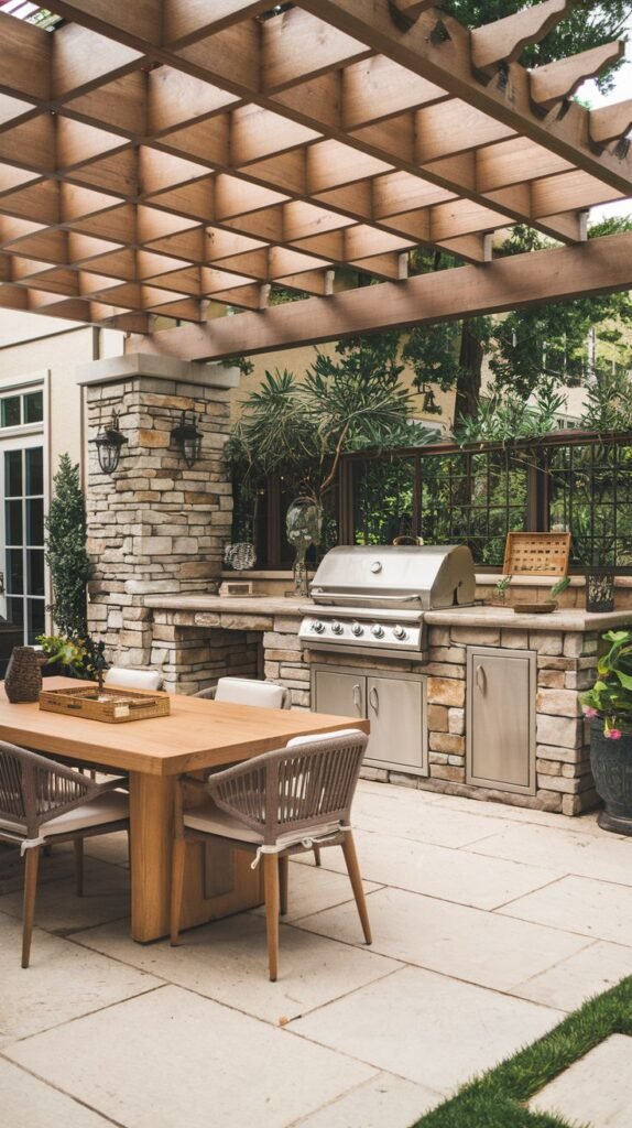 An outdoor kitchen area under a wooden pergola, built into a stone structure with a stainless steel grill and cabinets, adjacent to a dining table.