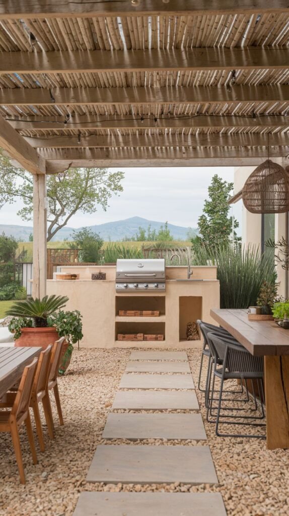 An outdoor kitchen under a pergola made of natural wood, built into a stucco structure with a grill, sink, and storage, set on a gravel patio with pavers, with a mountain view.