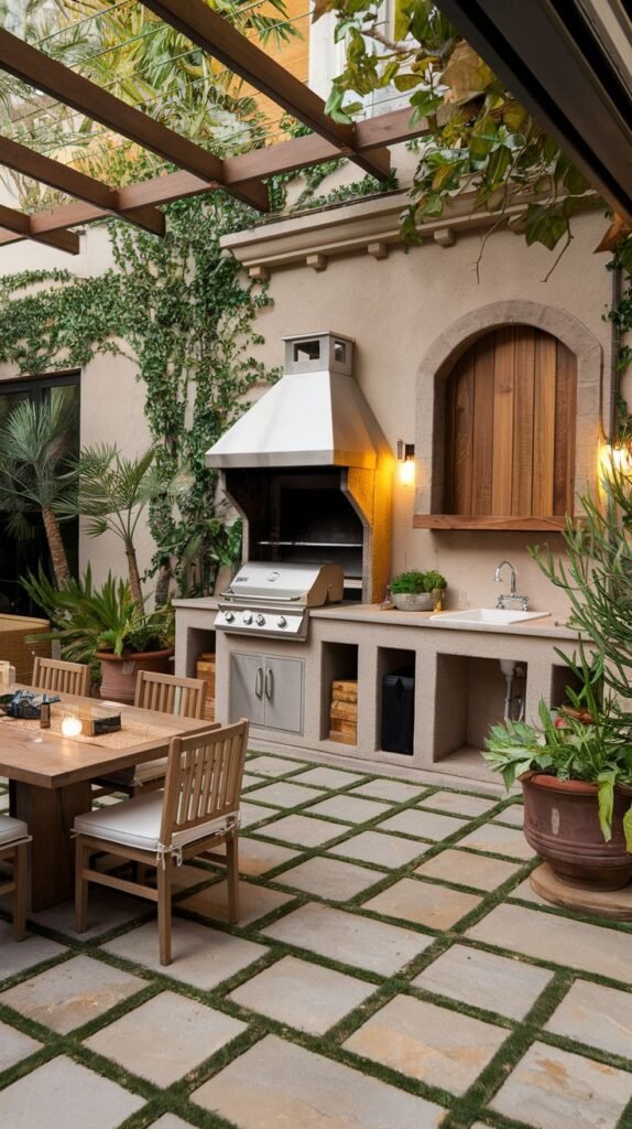 An outdoor kitchen built against a wall, featuring a grill with a hood and a sink, built into a stucco structure with wood and stainless steel elements, on a patio with square pavers and grass strips.