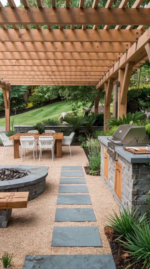 An outdoor kitchen built into a stone structure with wooden cabinet doors and a grill, located on a gravel patio with stone stepping stones under a large wooden pergola.