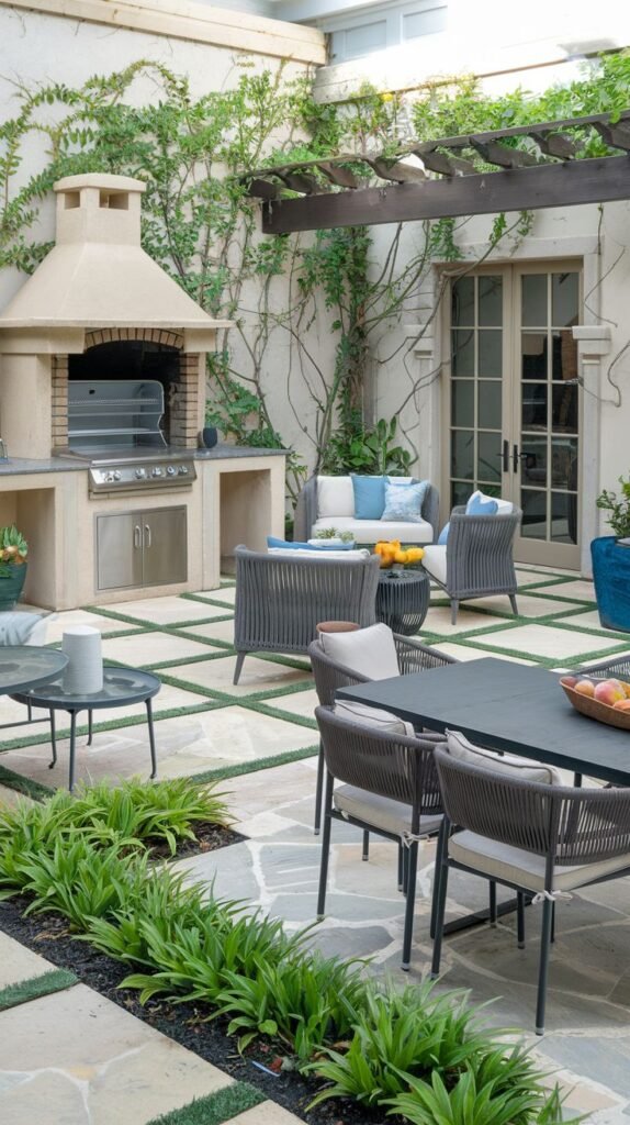 An outdoor kitchen area with a grill and pizza oven built into a stucco structure, located on a patio with light-colored square pavers and grass strips under a pergola.