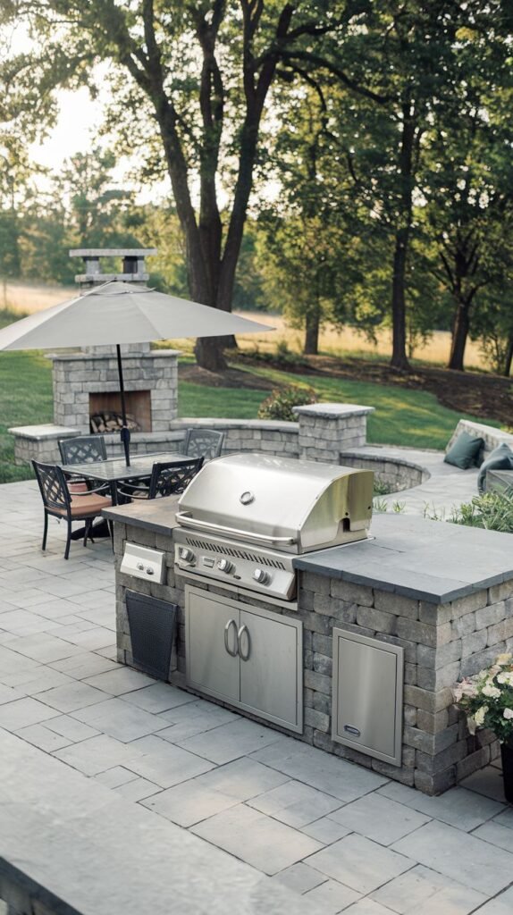 An outdoor kitchen built into a stone structure with a stainless steel grill and cabinets, located on a paved patio near a grassy area, with a dining table and fireplace in the background.
