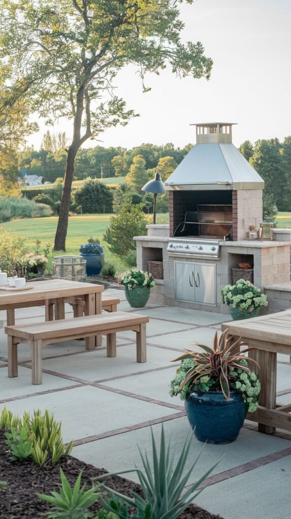 An outdoor kitchen with a grill and tall chimney built into a stone structure with countertops and storage, located on a patio with square pavers and brick lines, with a wooden dining area.